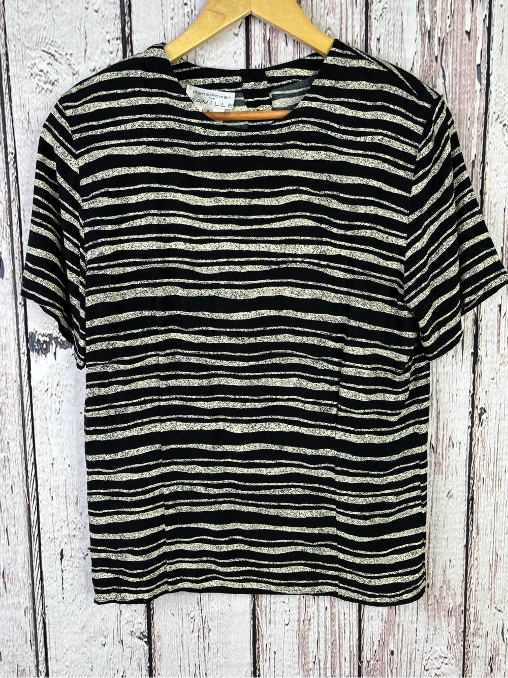 Vintage Rena Rowan for Saville Size 8 1980s Short Sleeve Blouse Black Cream